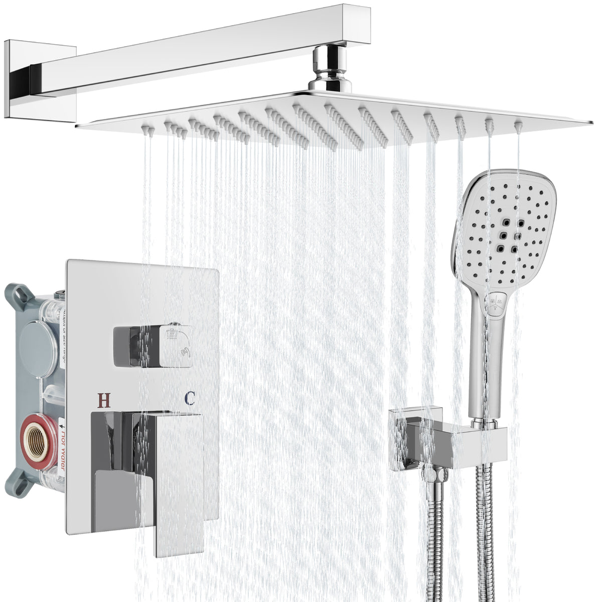 Aolemi Polish Chrome Shower System 10 Inch Square Rain Shower Head Sho